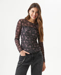Women's Decorative Seam Long Sleeve Sheer Top Slim Fit in Polyester Stretch Blend, Refined 709G049 - 1
