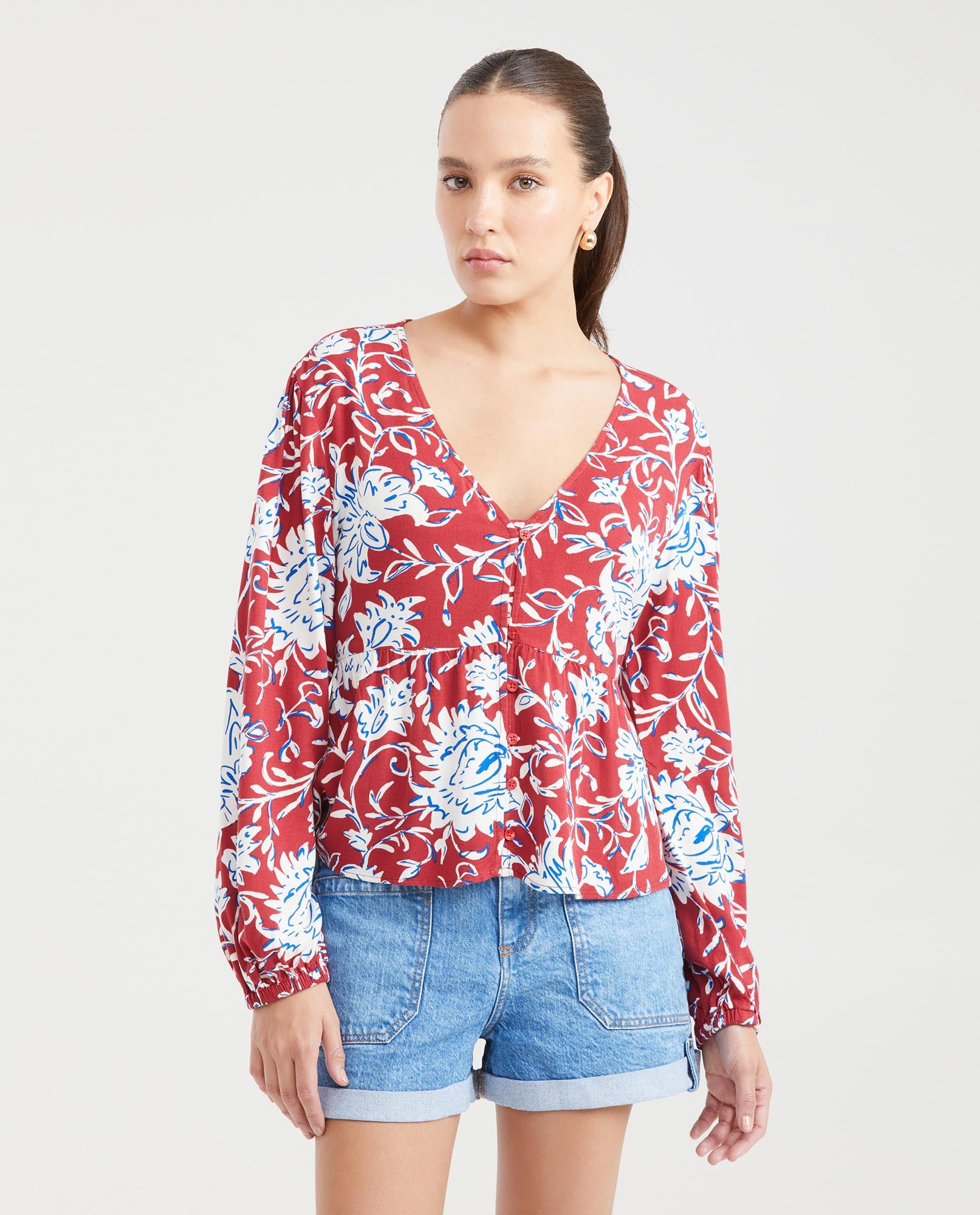 Women's Blouse Style Shirt with Peplum Detail and Floral Maxi Print in Rayon - 1