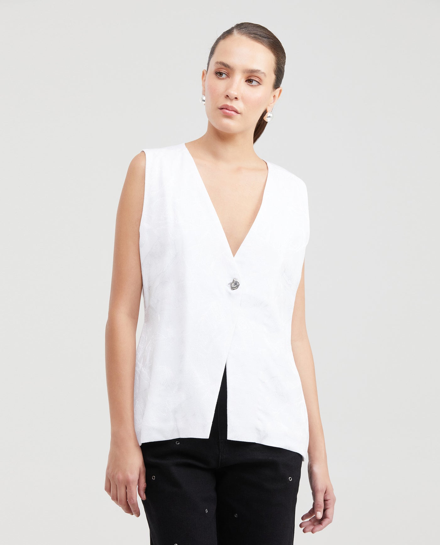 Women's Long Sartorial Vest with Tonal Foliage Pattern in Cotton-Viscose-Linen Blend - 1