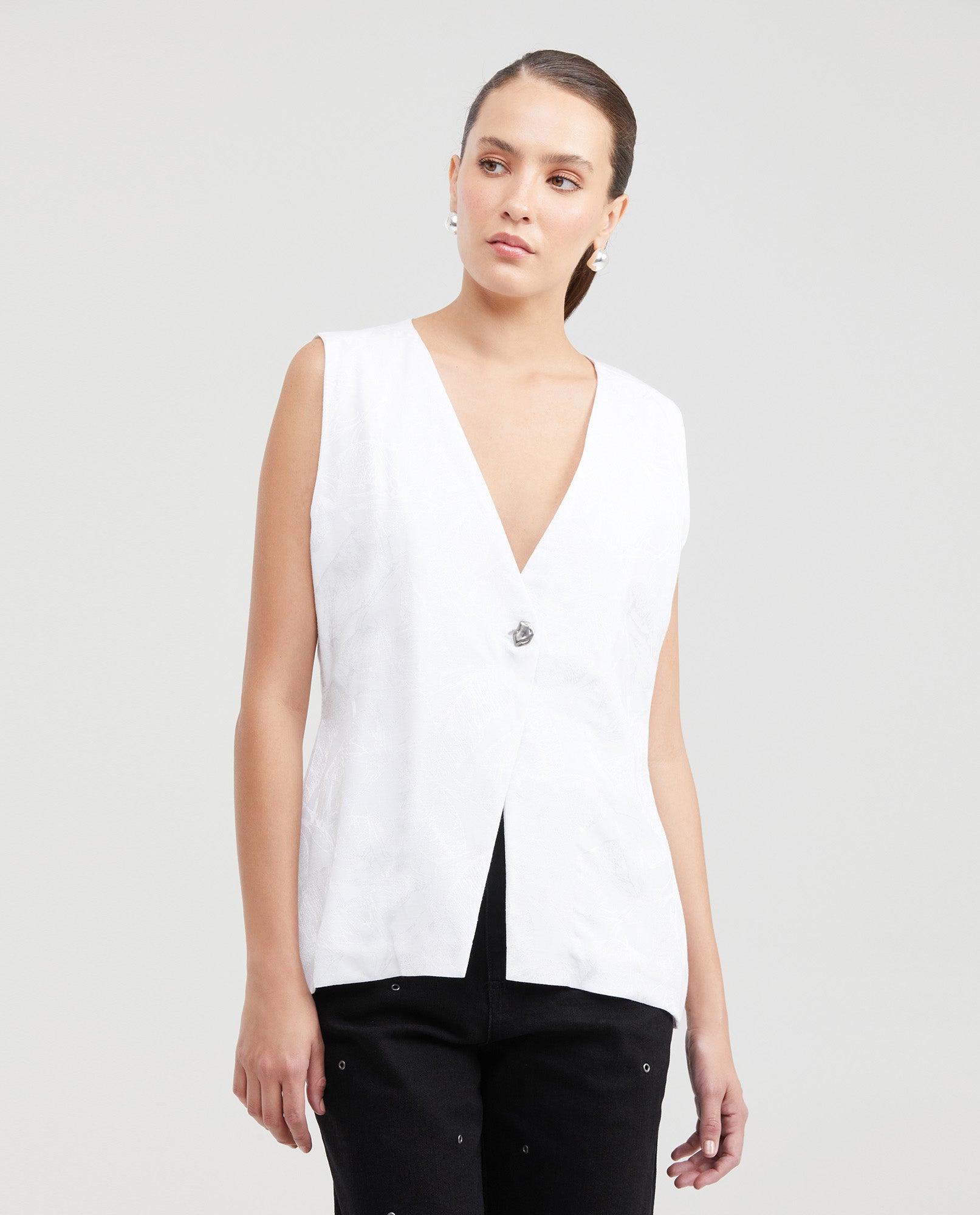 Women's Long Sartorial Vest with Tonal Foliage Pattern in Cotton-Viscose-Linen Blend - 1