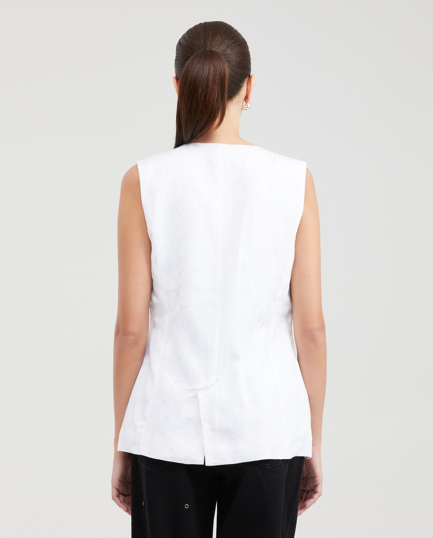 Women's Long Sartorial Vest with Tonal Foliage Pattern in Cotton-Viscose-Linen Blend - 4