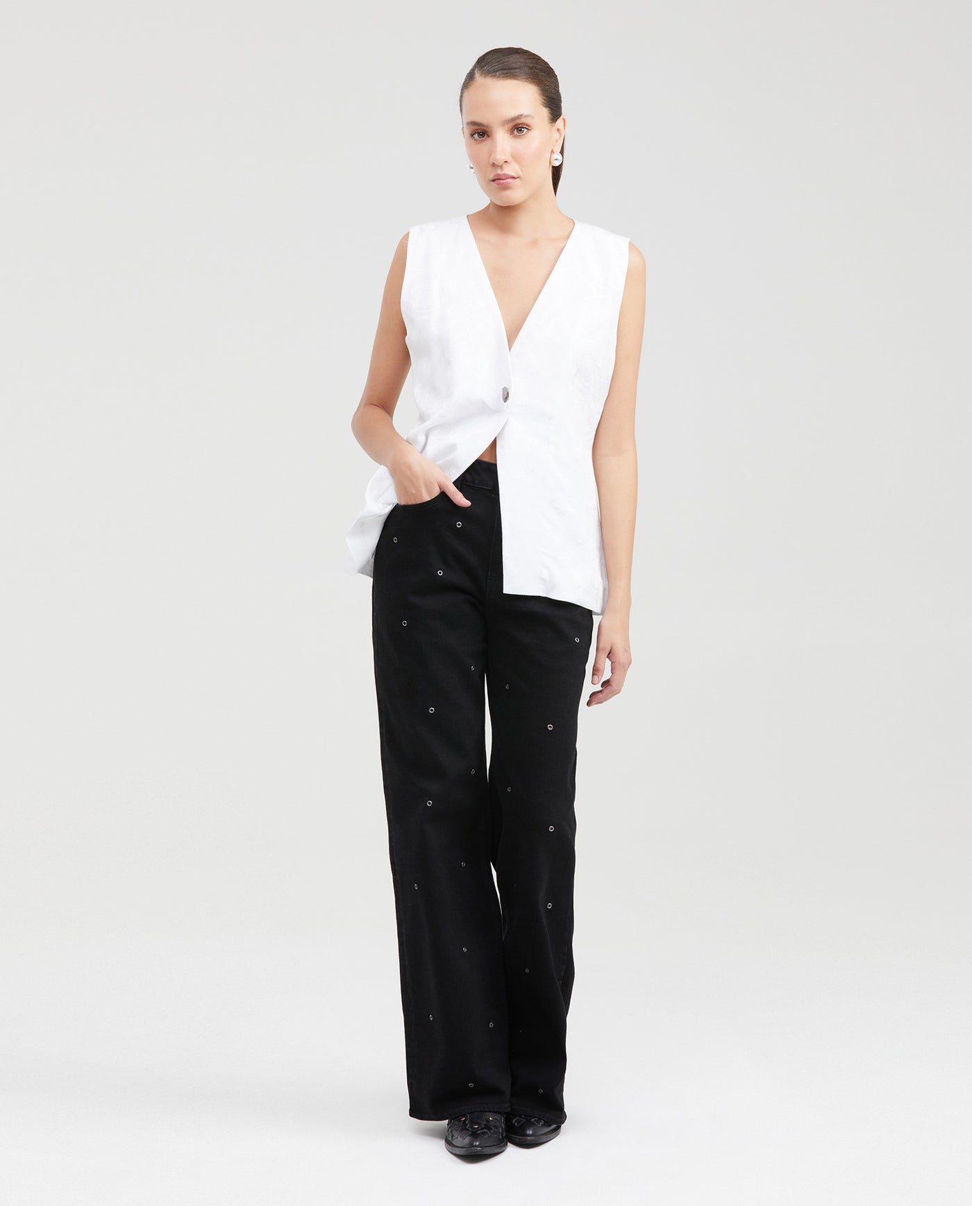 Women's Long Sartorial Vest with Tonal Foliage Pattern in Cotton-Viscose-Linen Blend - 6