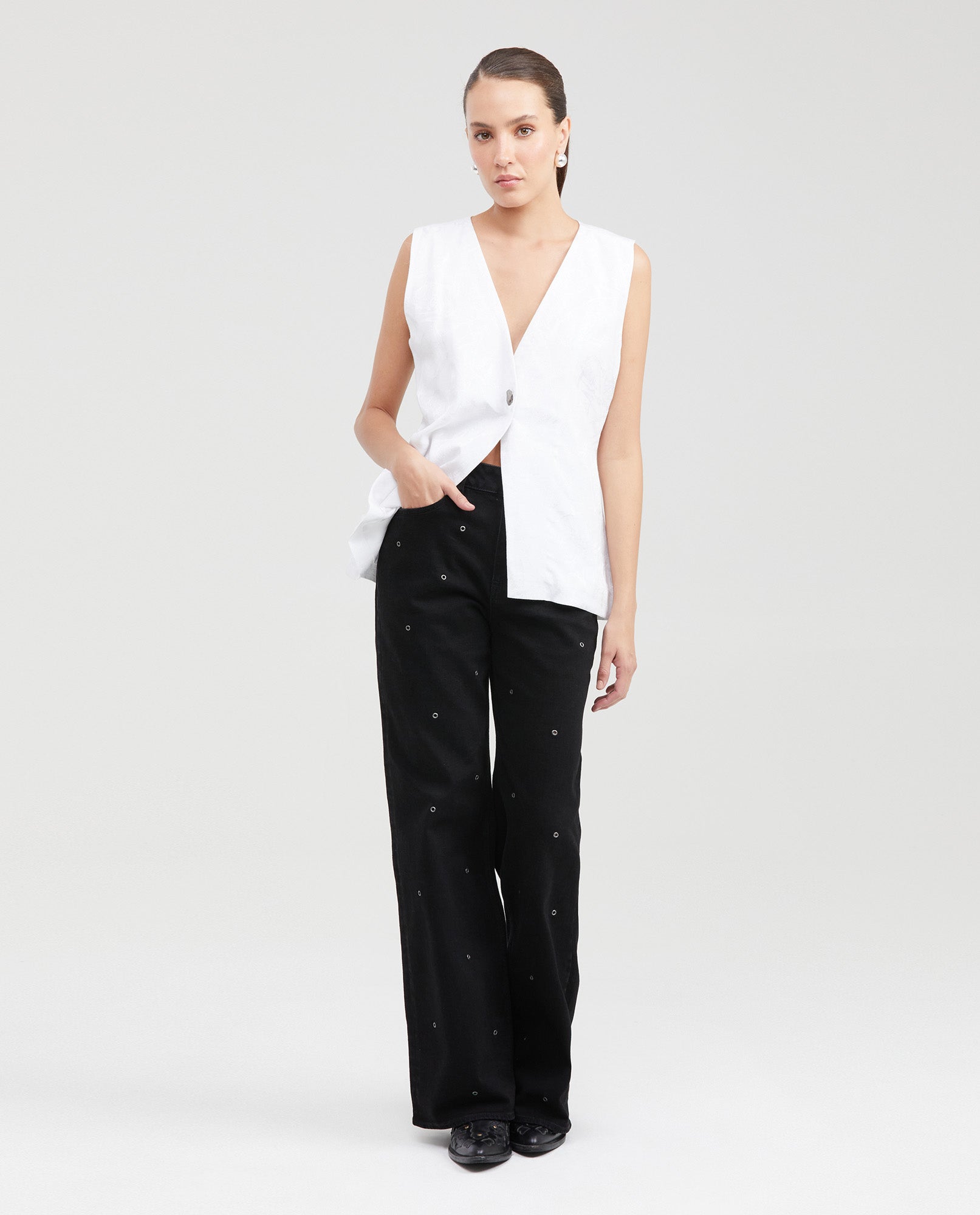Women's Long Sartorial Vest with Tonal Foliage Pattern in Cotton-Viscose-Linen Blend - 6