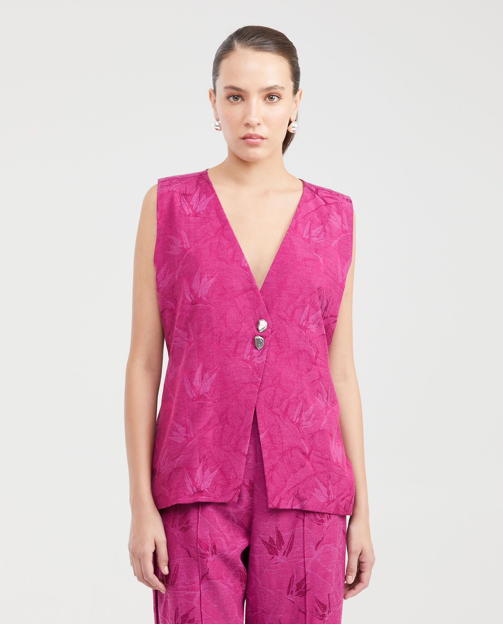 Women's Long Sartorial Vest with Tonal Foliage Pattern in Cotton-Viscose-Linen Blend - 1