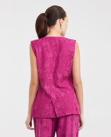 Women's Long Sartorial Vest with Tonal Foliage Pattern in Cotton-Viscose-Linen Blend - 3