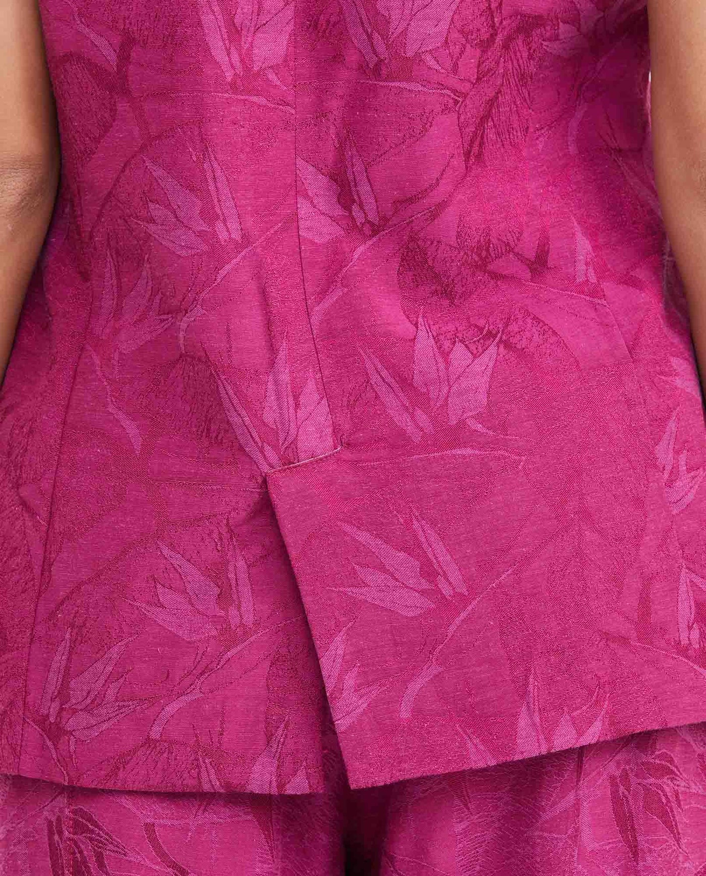 Women's Long Sartorial Vest with Tonal Foliage Pattern in Cotton-Viscose-Linen Blend - 4