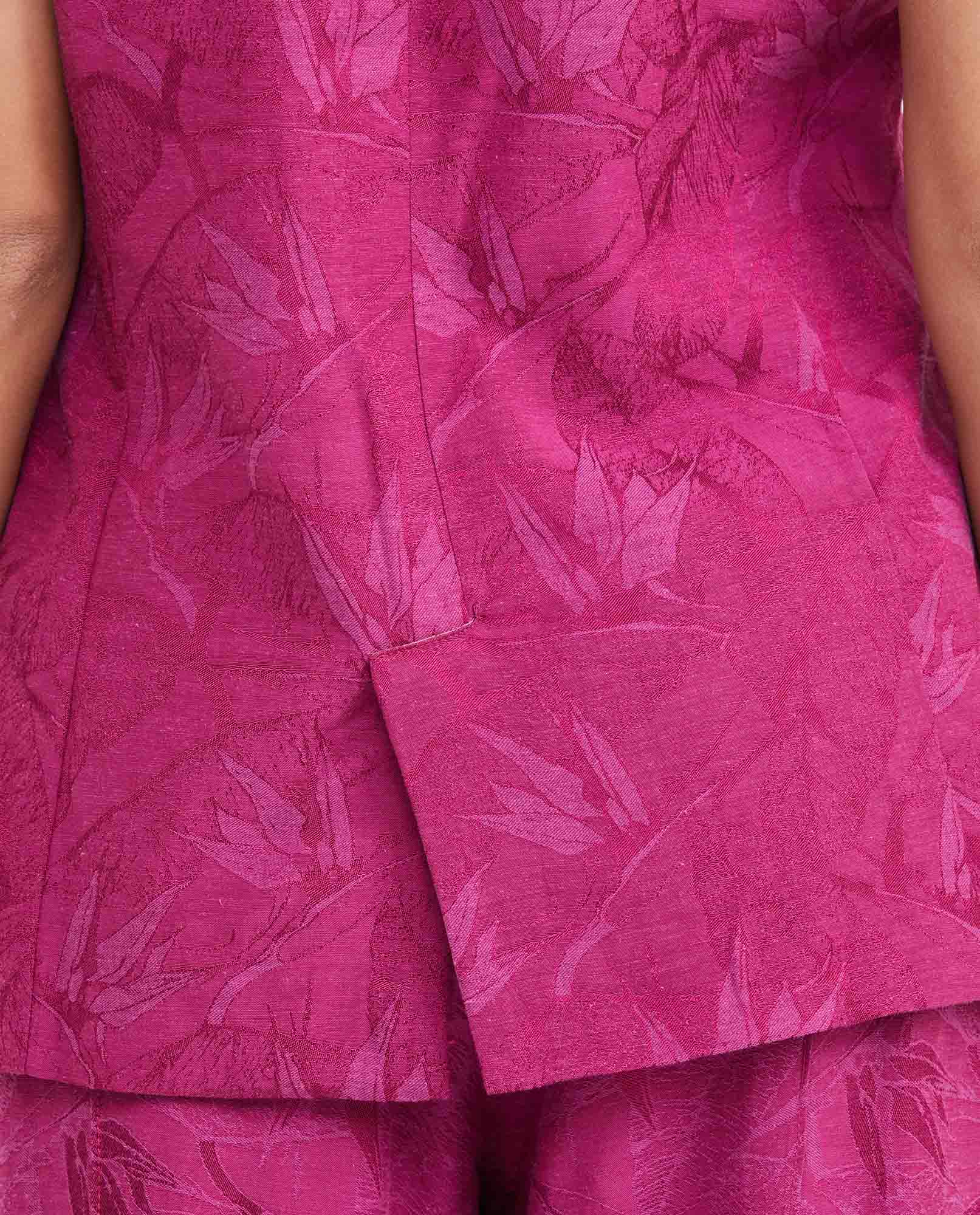 Women's Long Sartorial Vest with Tonal Foliage Pattern in Cotton-Viscose-Linen Blend - 4