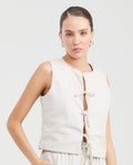 Women's Lined Vest with Front Tie Cords and Wooden Beads in Cotton - 1