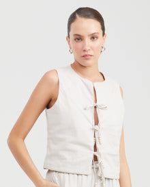 Women's Lined Vest with Front Tie Cords and Wooden Beads in Cotton - 1