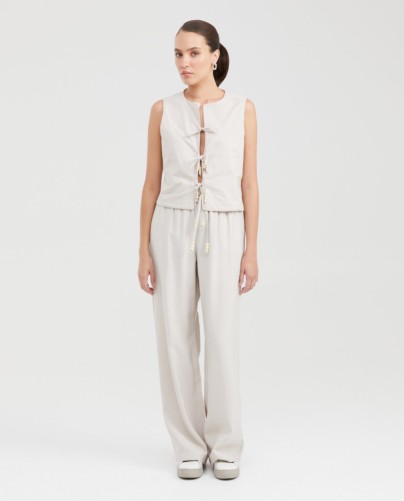 Women's Lined Vest with Front Tie Cords and Wooden Beads in Cotton - 6