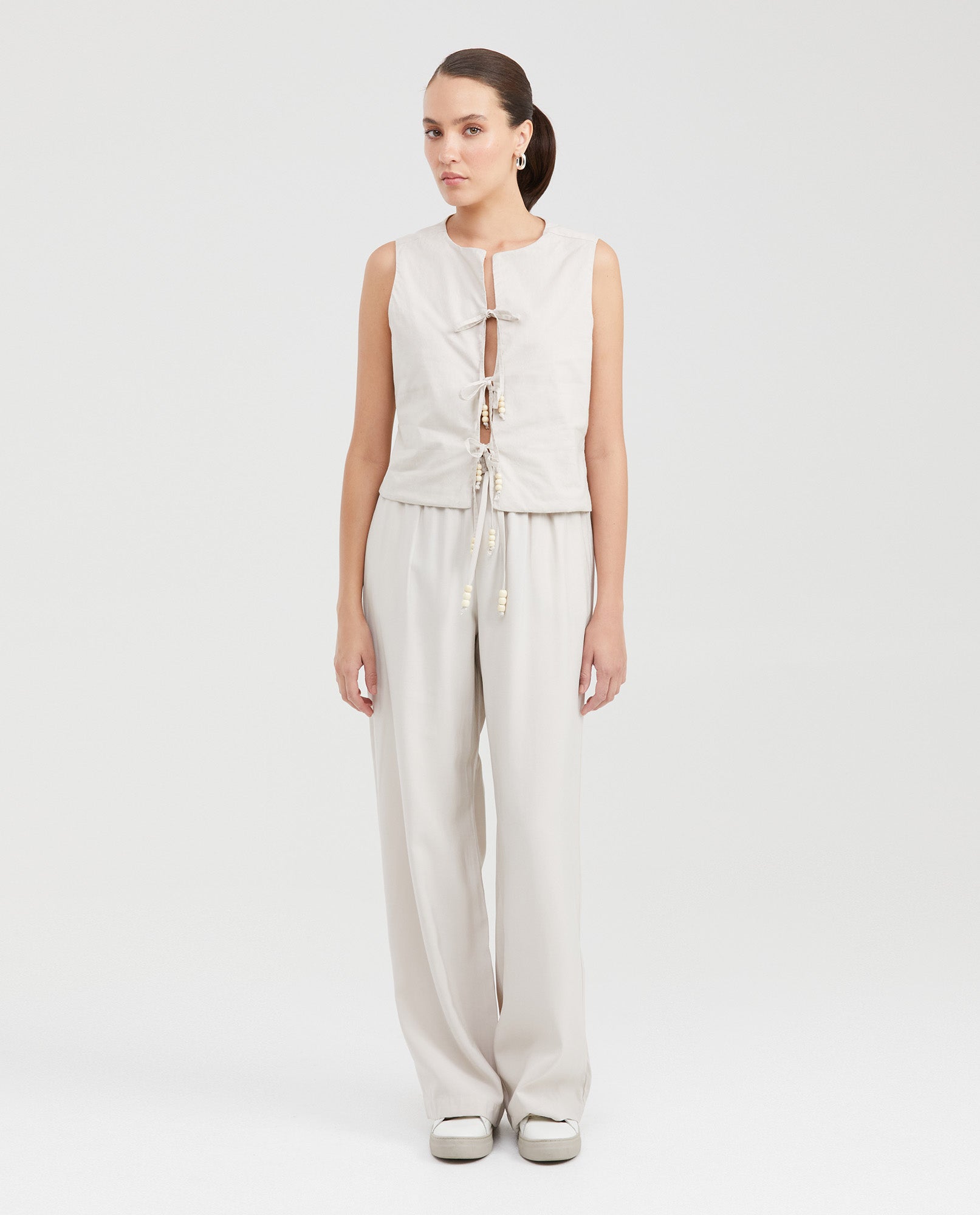 Women's Lined Vest with Front Tie Cords and Wooden Beads in Cotton - 6
