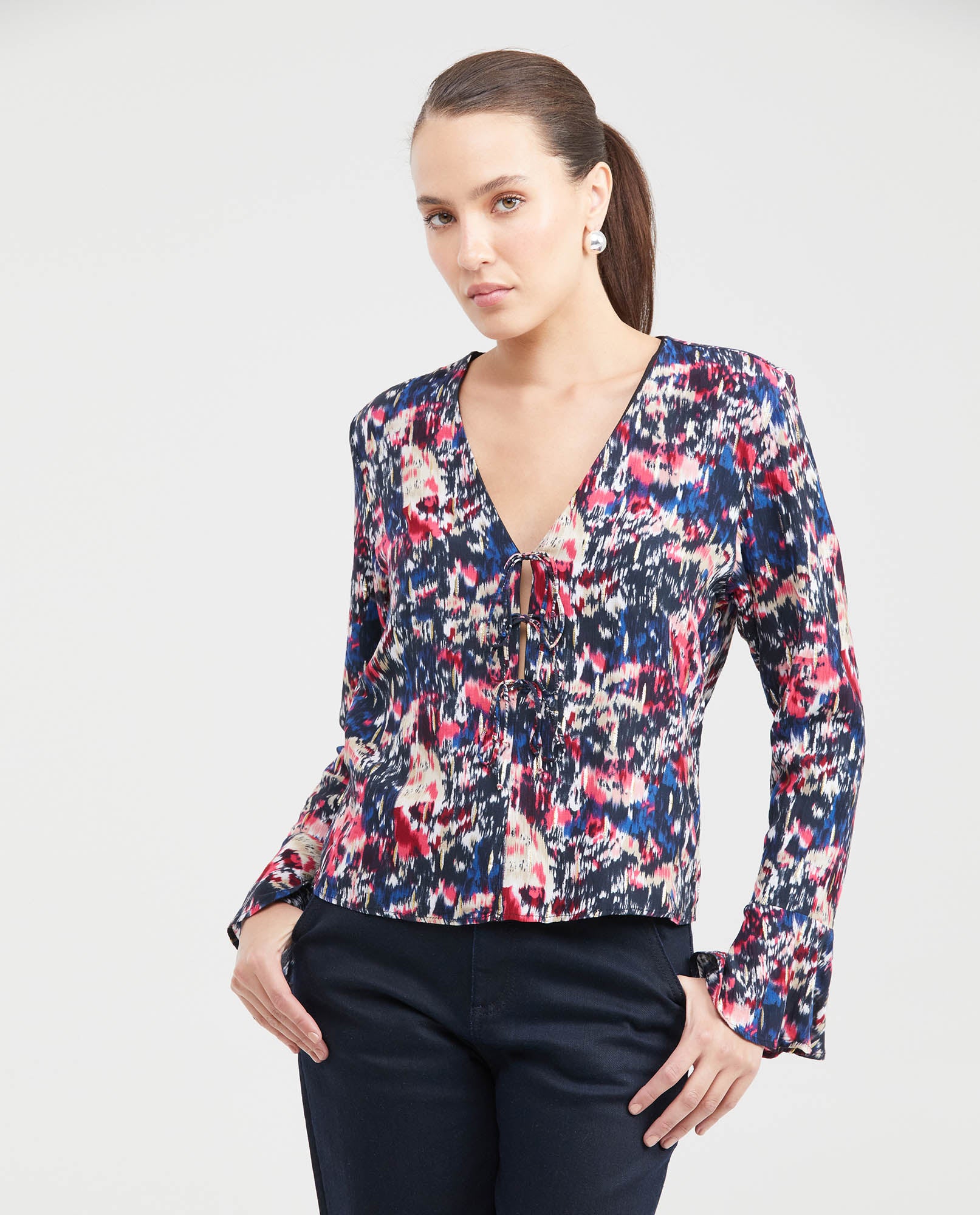 Women's Blouse Style Shirt with Front Tie Straps and Golden Lurex in Rayon-Lurex - 1