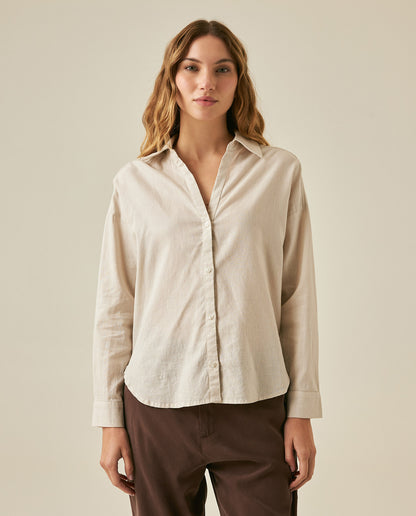 Womens Shirt Linen Straight Silhouette Linen–Cotton Blend V-Neckline Dropped Shoulder - Beige 63_711H001_BEI140002_0