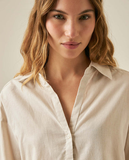 Womens Shirt Linen Straight Silhouette Linen–Cotton Blend V-Neckline Dropped Shoulder - Beige 63_711H001_BEI140002_5