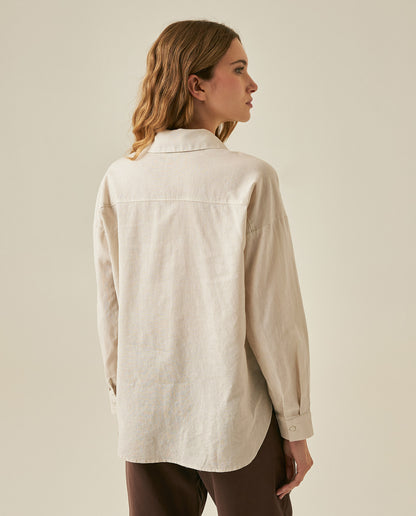 Womens Shirt Linen Straight Silhouette Linen–Cotton Blend V-Neckline Dropped Shoulder - Beige 63_711H001_BEI140002_6