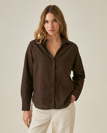 Womens Shirt Linen Straight Silhouette Linen–Cotton Blend V-Neckline Dropped Shoulder - Brown 63_711H001_CAF191016_0