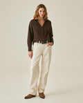 Womens Shirt Linen Straight Silhouette Linen–Cotton Blend V-Neckline Dropped Shoulder - Brown 63_711H001_CAF191016_4