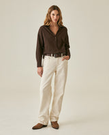 Womens Shirt Linen Straight Silhouette Linen–Cotton Blend V-Neckline Dropped Shoulder - Brown 63_711H001_CAF191016_4