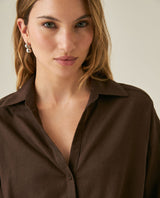 Womens Shirt Linen Straight Silhouette Linen–Cotton Blend V-Neckline Dropped Shoulder - Brown 63_711H001_CAF191016_5