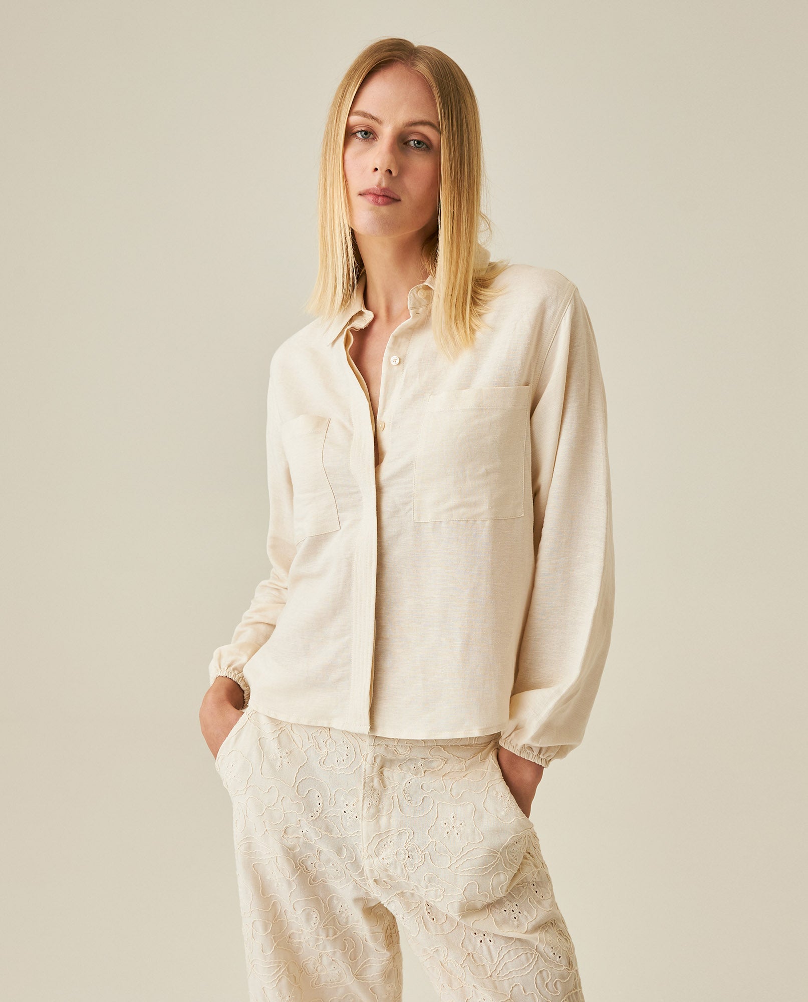 Womens Shirt Wide Silhouette Linen Blend Multi-Needle Details Hidden Buttons - Beige 63_711H002_BEI124301_0