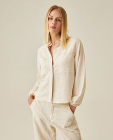 Womens Shirt Wide Silhouette Linen Blend Multi-Needle Details Hidden Buttons - Beige 63_711H002_BEI124301_0