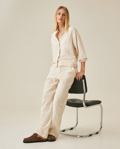 Womens Shirt Wide Silhouette Linen Blend Multi-Needle Details Hidden Buttons - Beige 63_711H002_BEI124301_4