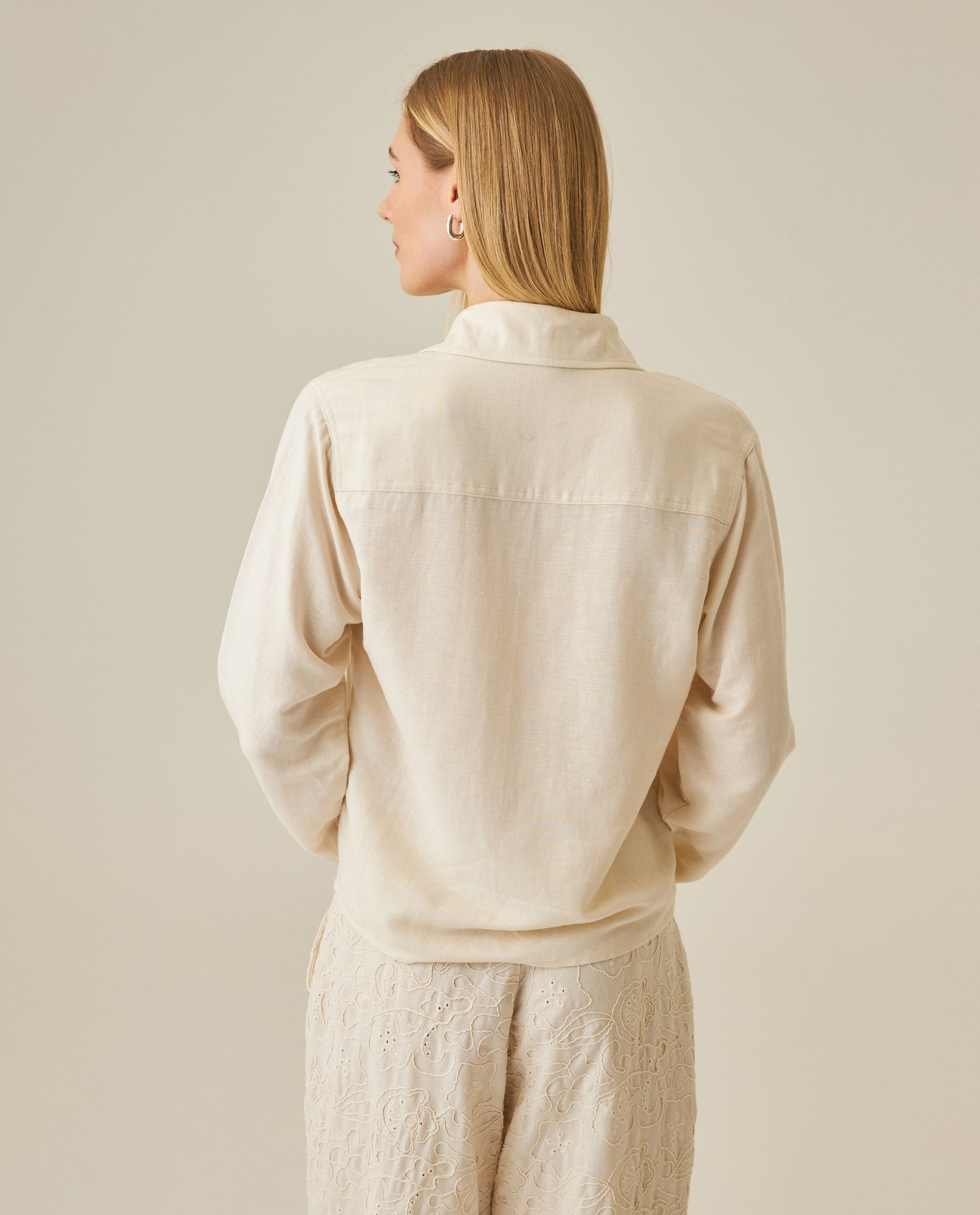 Womens Shirt Wide Silhouette Linen Blend Multi-Needle Details Hidden Buttons - Beige 63_711H002_BEI124301_6