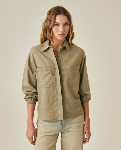 Womens Shirt Wide Silhouette Linen Blend Multi-Needle Details Hidden Buttons - Green 63_711H002_VER170619_0