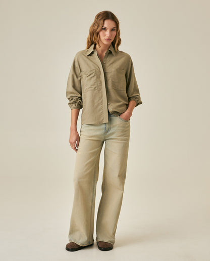 Womens Shirt Wide Silhouette Linen Blend Multi-Needle Details Hidden Buttons - Green 63_711H002_VER170619_4