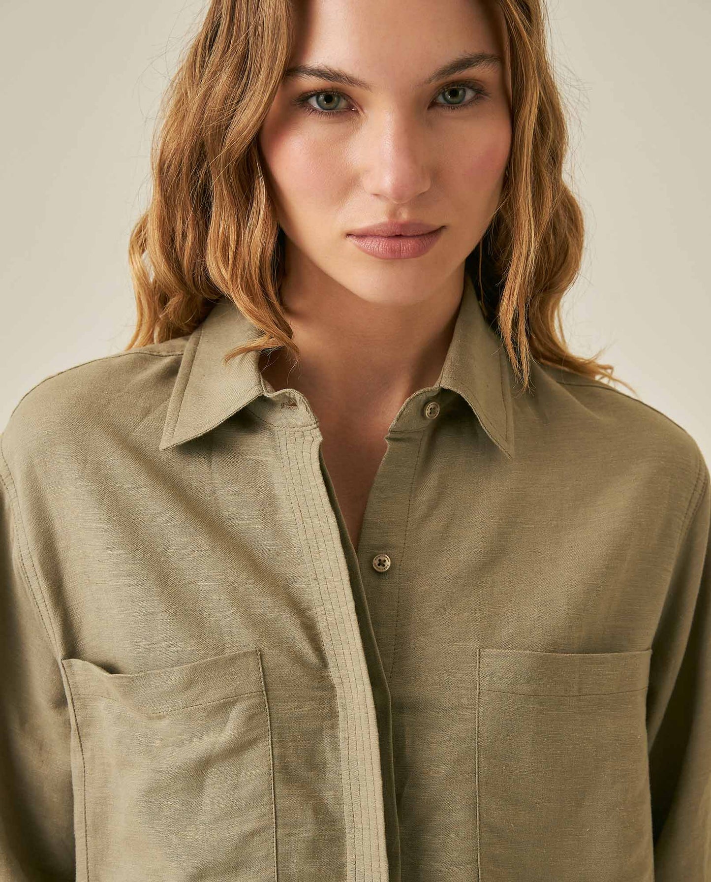 Womens Shirt Wide Silhouette Linen Blend Multi-Needle Details Hidden Buttons - Green 63_711H002_VER170619_5