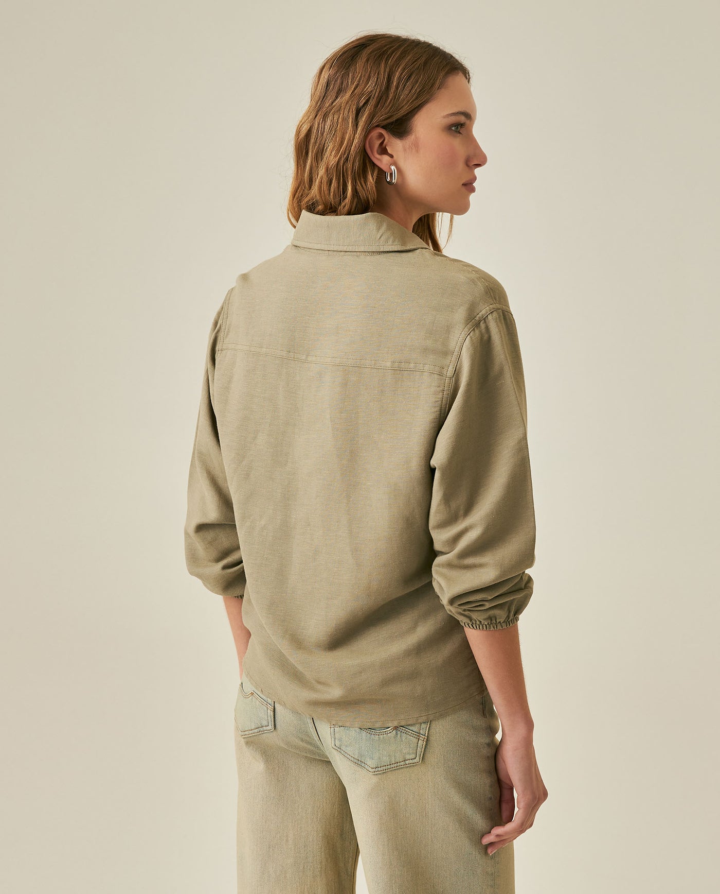 Womens Shirt Wide Silhouette Linen Blend Multi-Needle Details Hidden Buttons - Green 63_711H002_VER170619_6