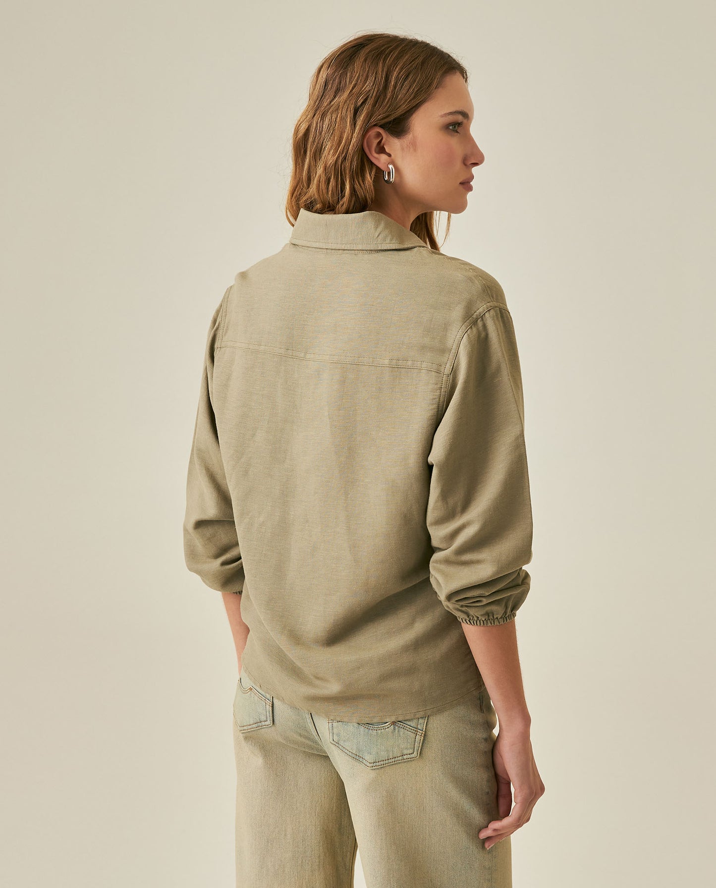 Womens Shirt Wide Silhouette Linen Blend Multi-Needle Details Hidden Buttons - Green 63_711H002_VER170619_6