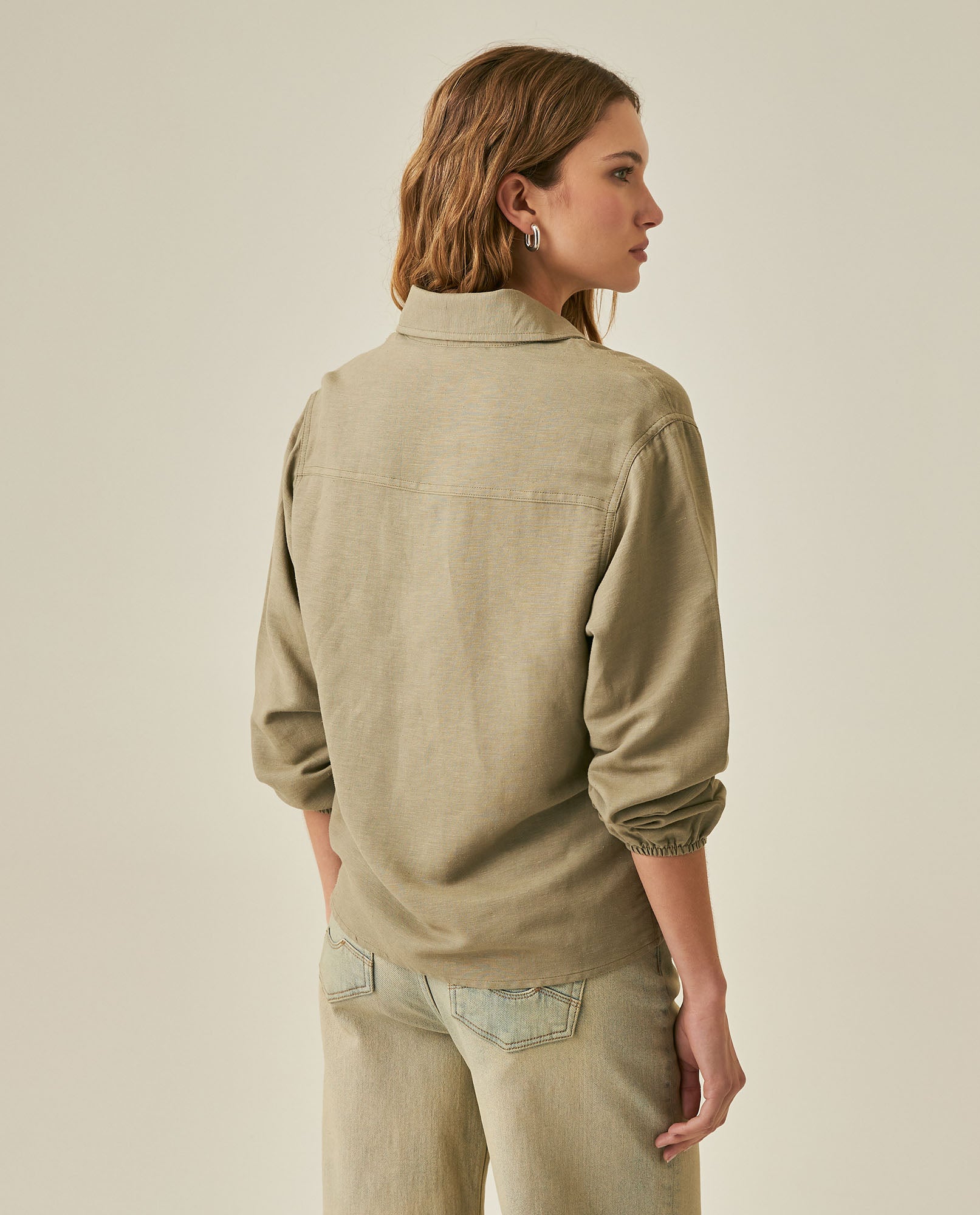 Womens Shirt Wide Silhouette Linen Blend Multi-Needle Details Hidden Buttons - Green 63_711H002_VER170619_6