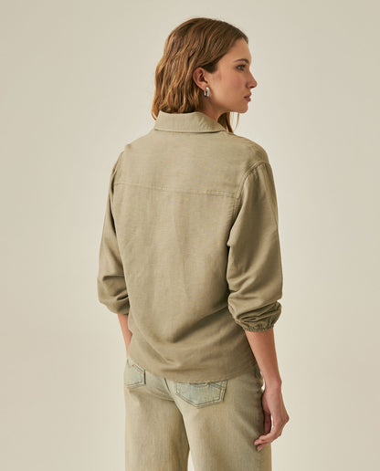 Womens Shirt Wide Silhouette Linen Blend Multi-Needle Details Hidden Buttons - Green 63_711H002_VER170619_6