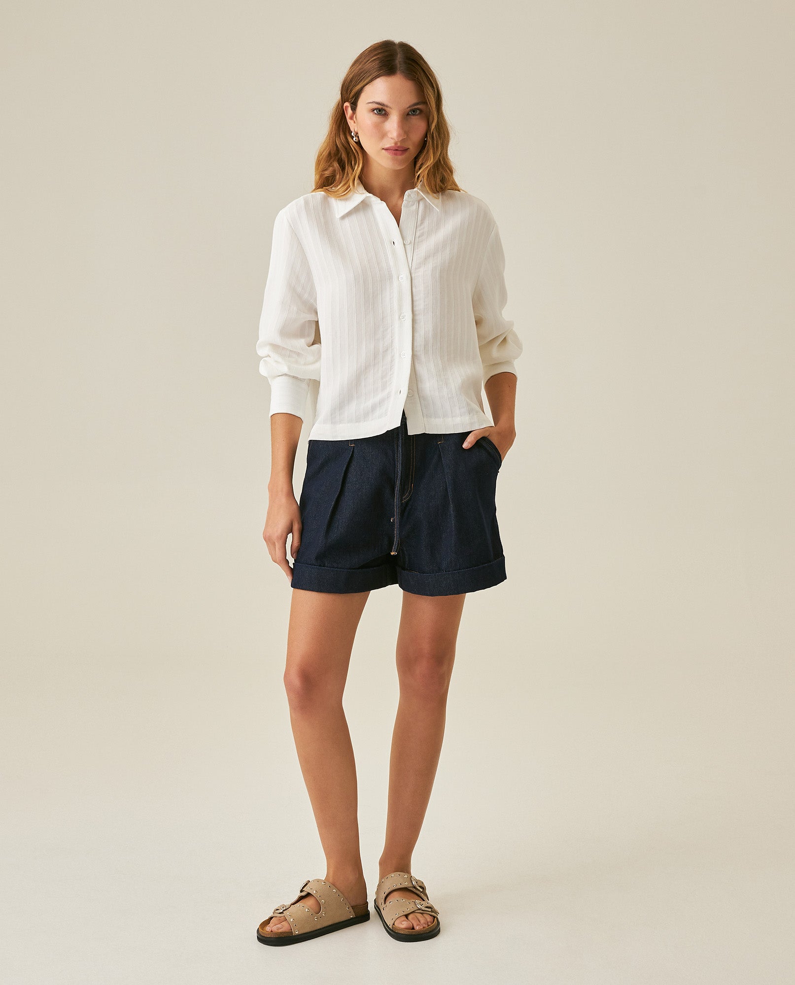 Womens Shirt Straight Silhouette Viscose Blend Jacquard Stripes - White 63_711H003_BLA114202_4