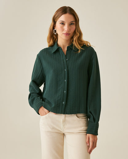 Womens Shirt Straight Silhouette Viscose Blend Jacquard Stripes - Dark Green 63_711H003_VER195406_0