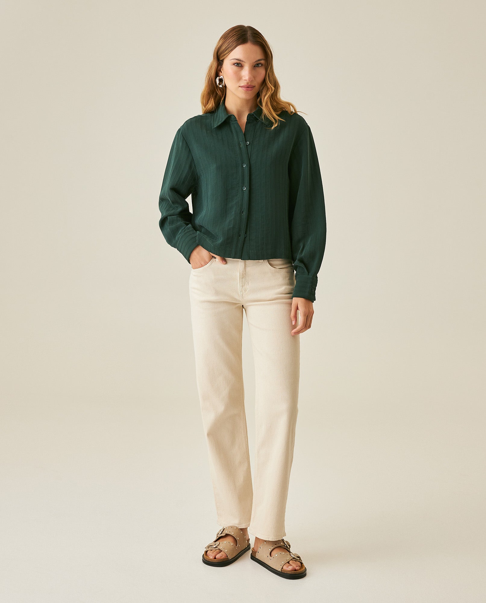 Womens Shirt Straight Silhouette Viscose Blend Jacquard Stripes - Dark Green 63_711H003_VER195406_4
