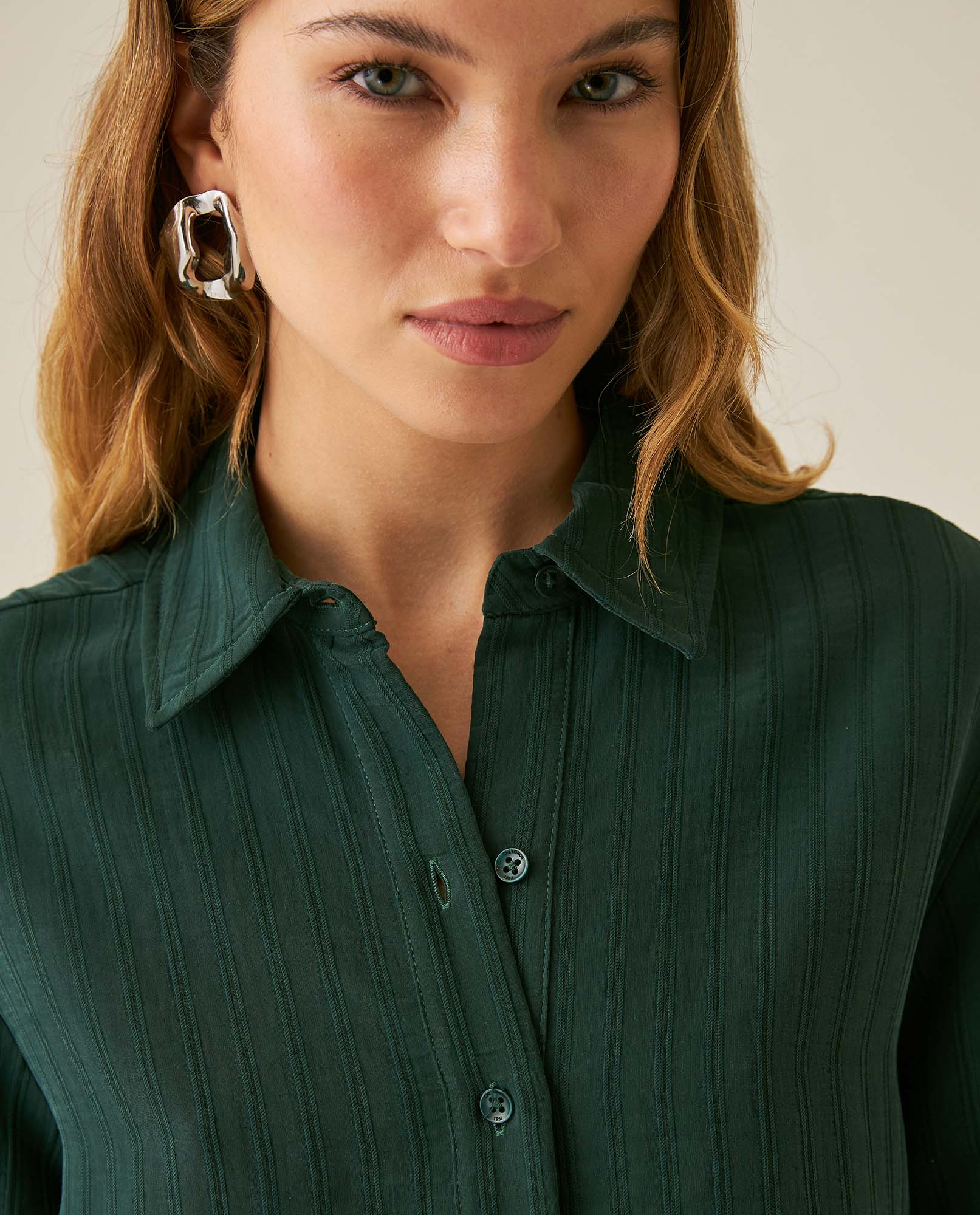 Womens Shirt Straight Silhouette Viscose Blend Jacquard Stripes - Dark Green 63_711H003_VER195406_5