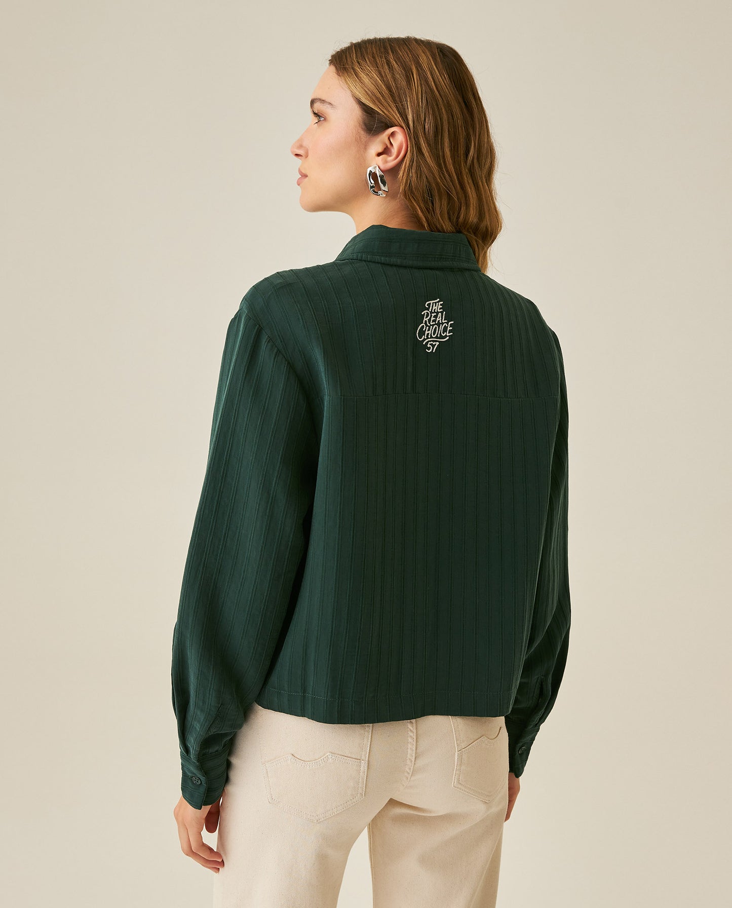 Womens Shirt Straight Silhouette Viscose Blend Jacquard Stripes - Dark Green 63_711H003_VER195406_6