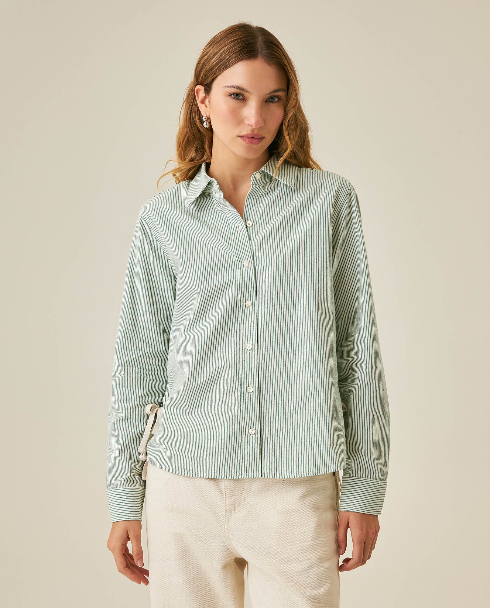 Womens Shirt Straight Silhouette Cotton Pre-Dyed Stripes Side Knot Details - Green 63_711H007_VER185424_0