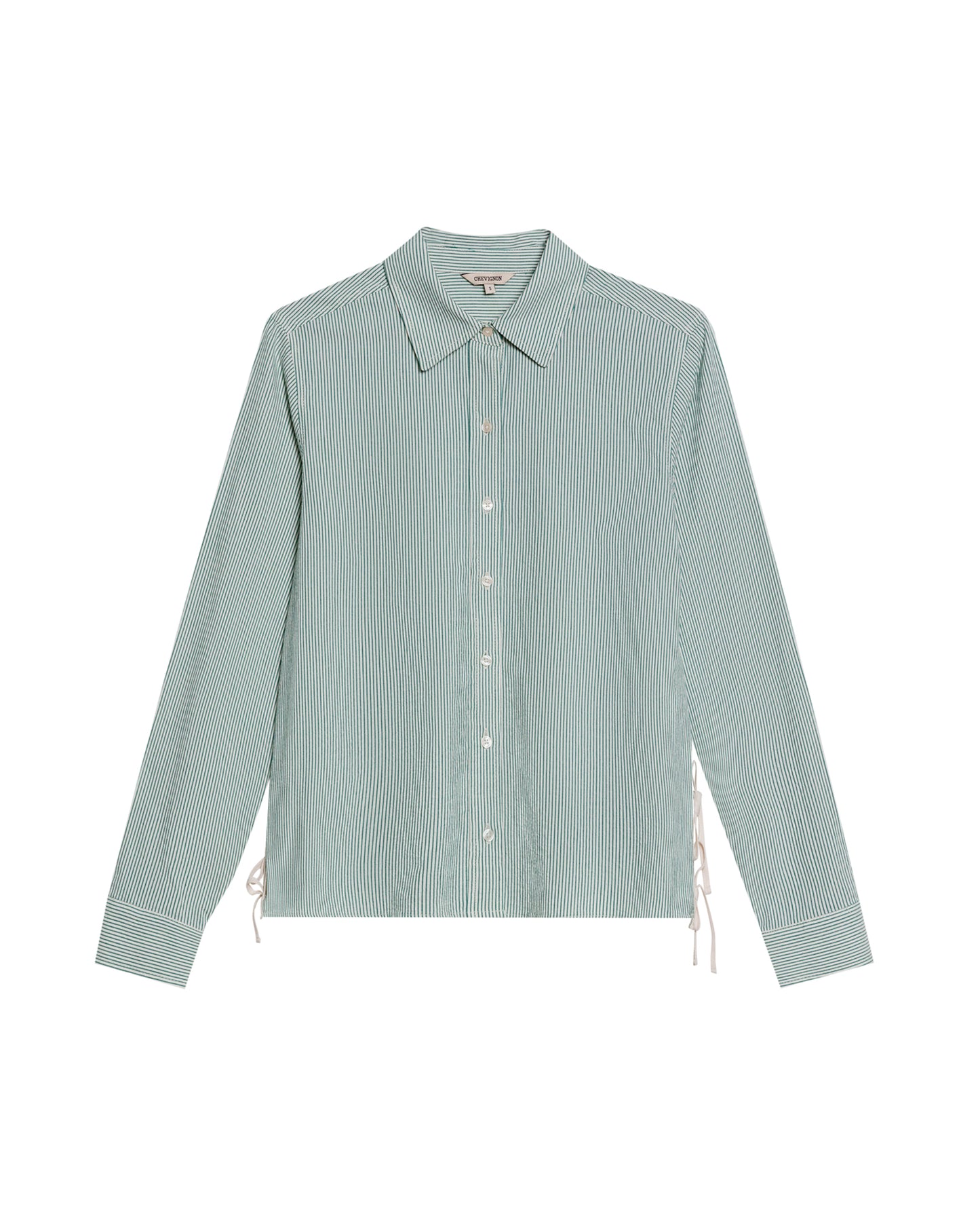 Womens Shirt Straight Silhouette Cotton Pre-Dyed Stripes Side Knot Details - Green 63_711H007_VER185424_3