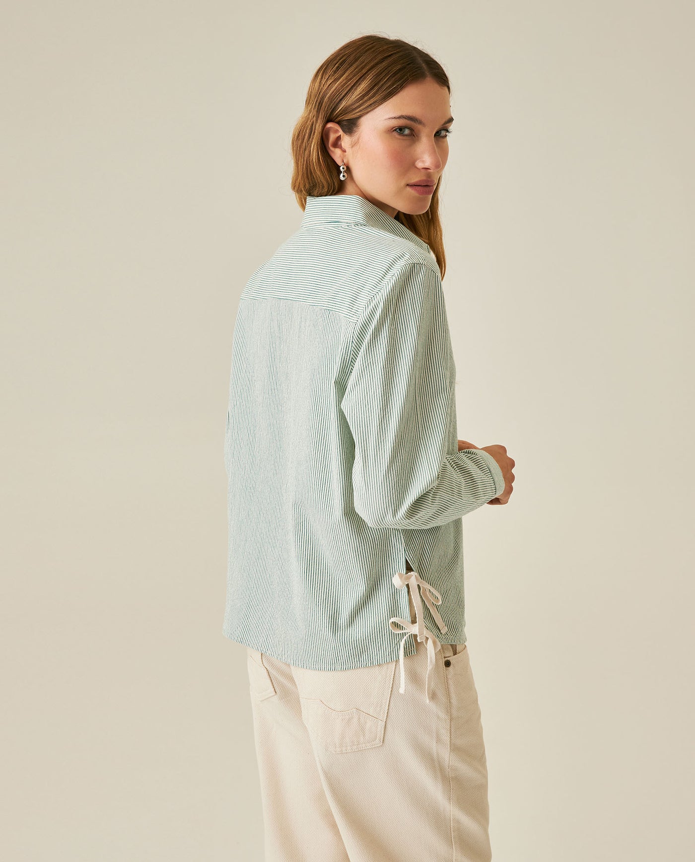 Womens Shirt Straight Silhouette Cotton Pre-Dyed Stripes Side Knot Details - Green 63_711H007_VER185424_6