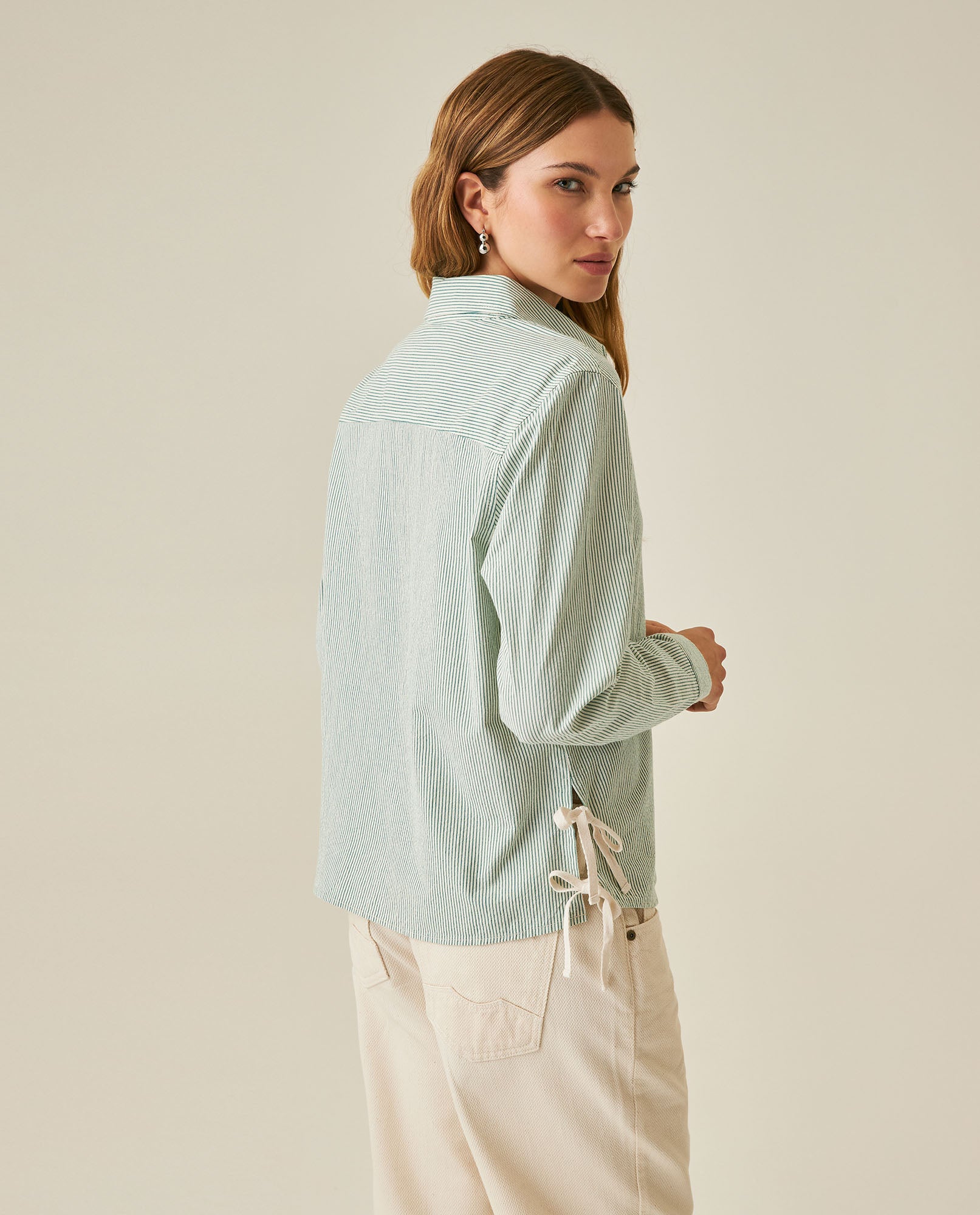 Womens Shirt Straight Silhouette Cotton Pre-Dyed Stripes Side Knot Details - Green 63_711H007_VER185424_6