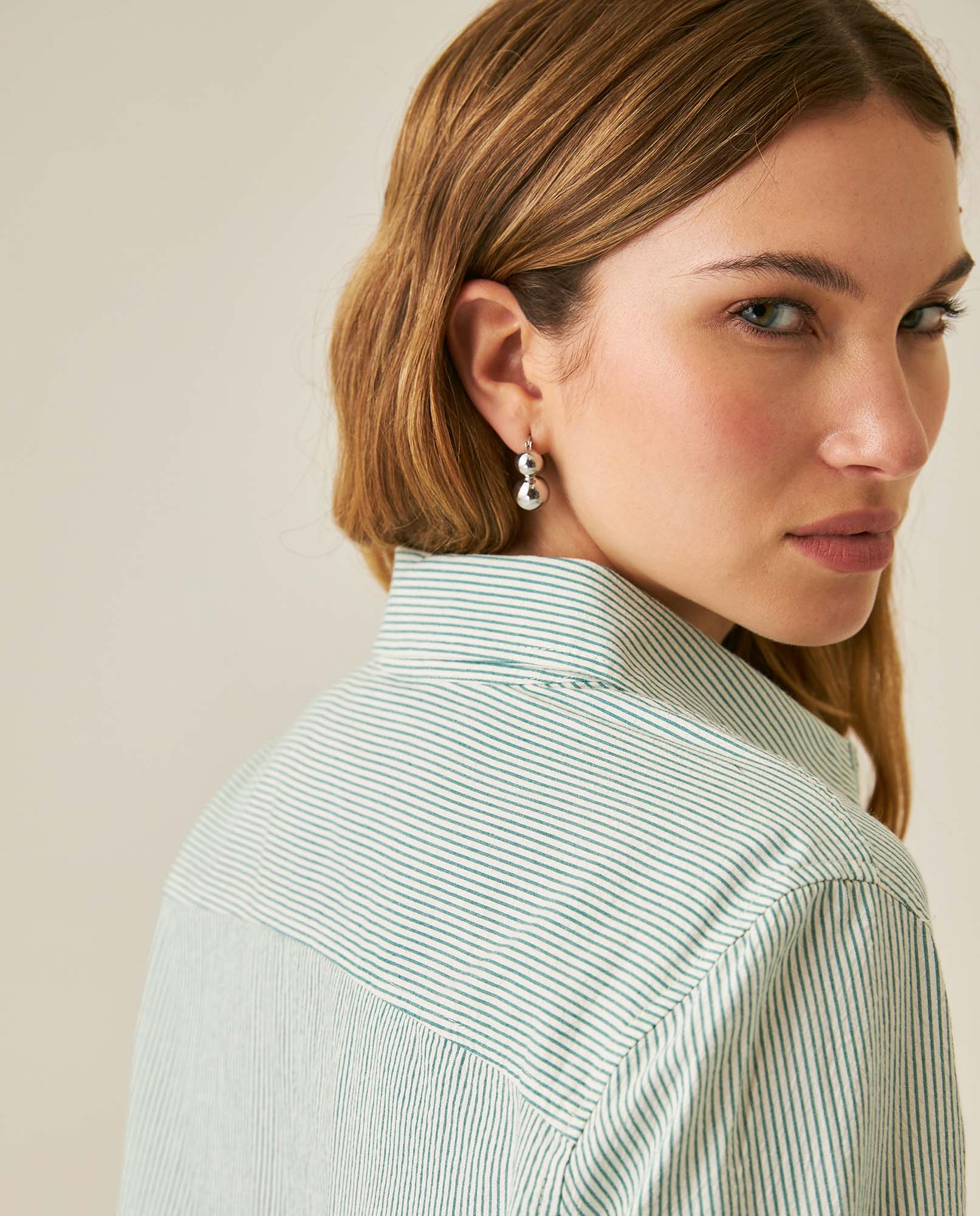 Womens Shirt Straight Silhouette Cotton Pre-Dyed Stripes Side Knot Details - Green 63_711H007_VER185424_7