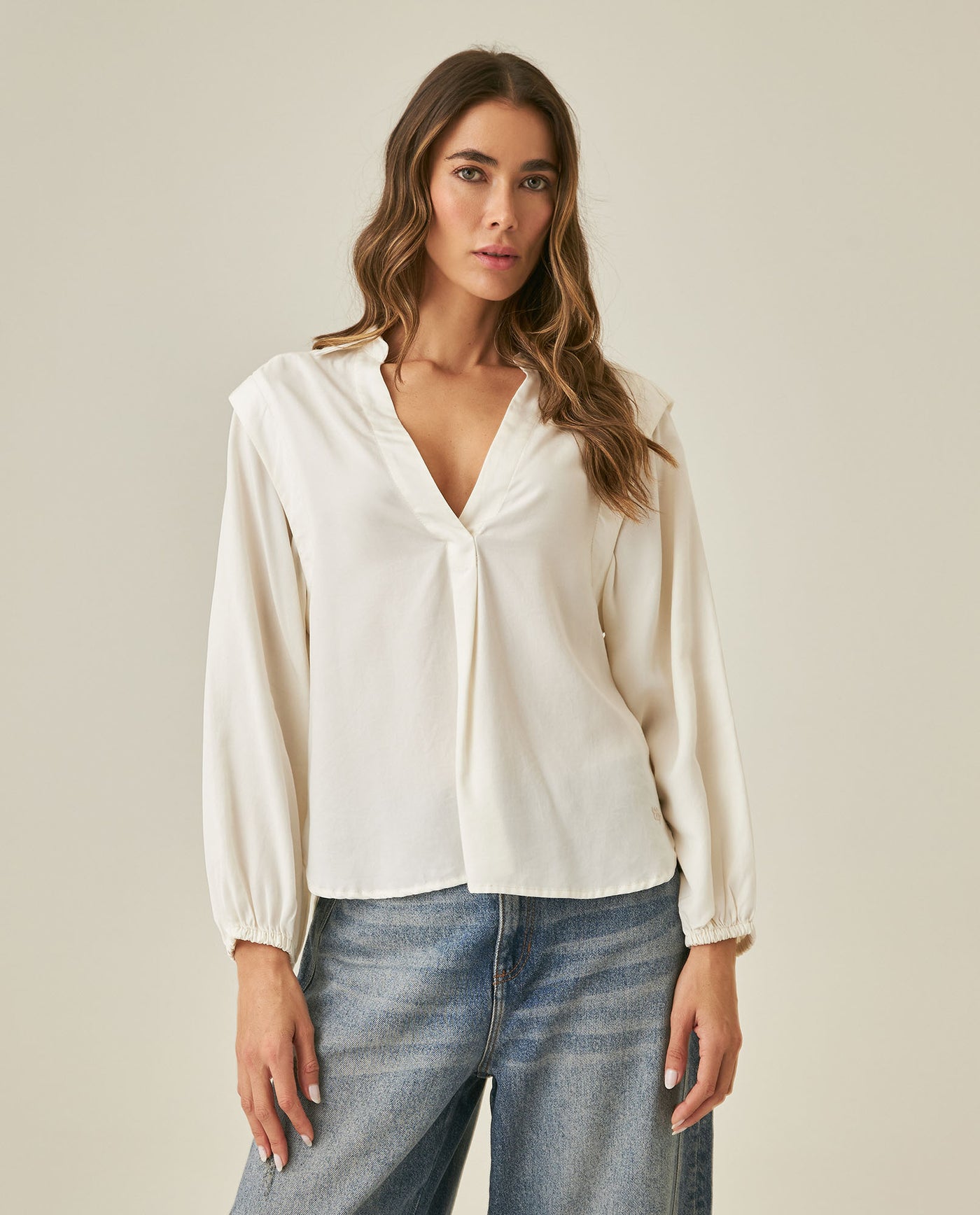 Womens Blouse Semi-Straight Silhouette Lyocell Double Garment Simulation - Raw 63_711H008_CRU114201_0