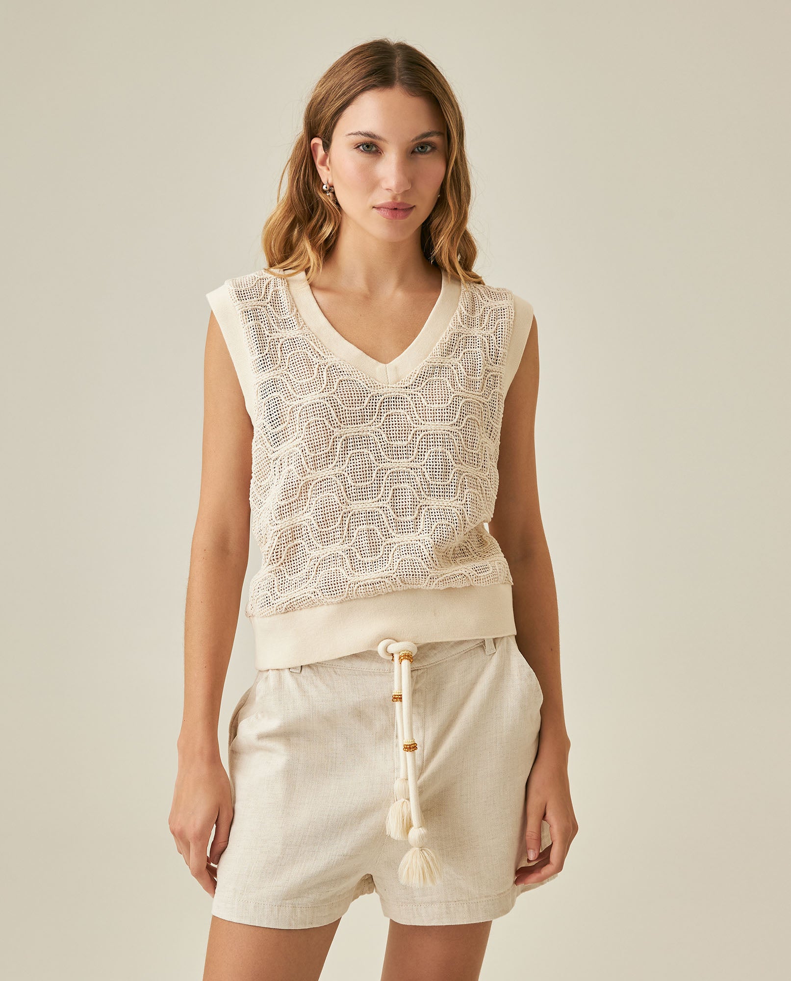 Womens Blouse Vest Style Straight Silhouette Cotton Knit Effect Sheer V-Neck - Raw 63_711H009_CRU125202_0
