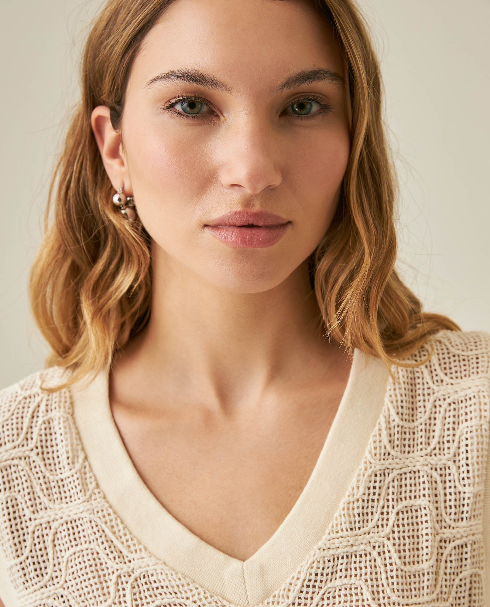 Womens Blouse Vest Style Straight Silhouette Cotton Knit Effect Sheer V-Neck - Raw 63_711H009_CRU125202_5