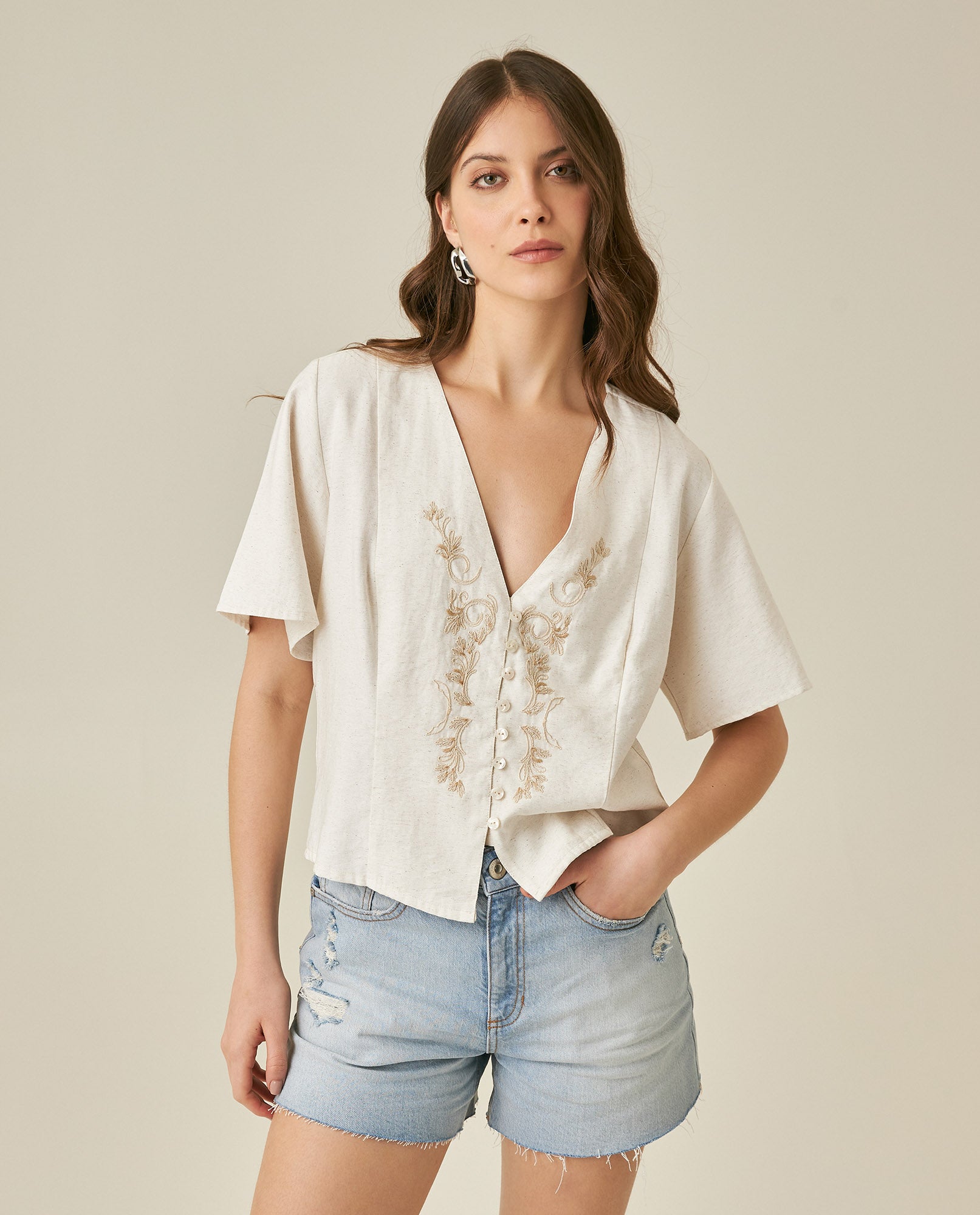 Womens Blouse Straight Silhouette Rayon–Linen Blend Flutter Sleeve V-Neck - Raw 63_711H012_CRU110606_0