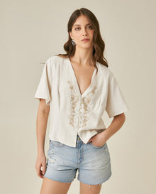Womens Blouse Straight Silhouette Rayon–Linen Blend Flutter Sleeve V-Neck - Raw 63_711H012_CRU110606_0