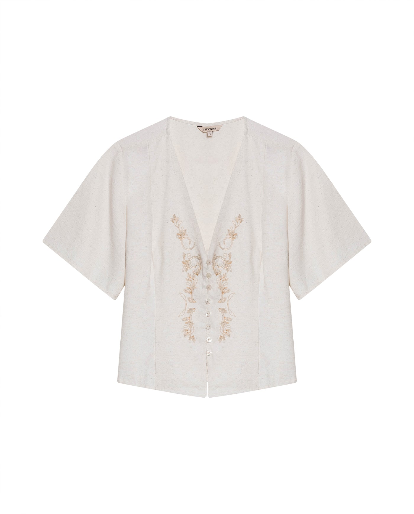Womens Blouse Straight Silhouette Rayon–Linen Blend Flutter Sleeve V-Neck - Raw 63_711H012_CRU110606_3
